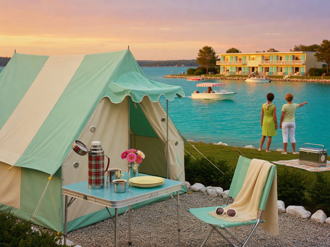 Illustrated family camping scene by the lake