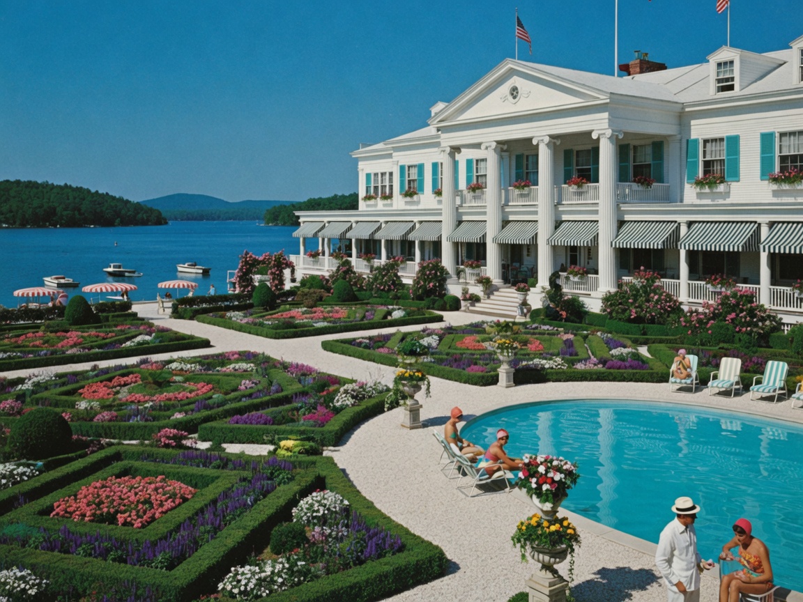 Illustrated country inn mansion overlooking the lake